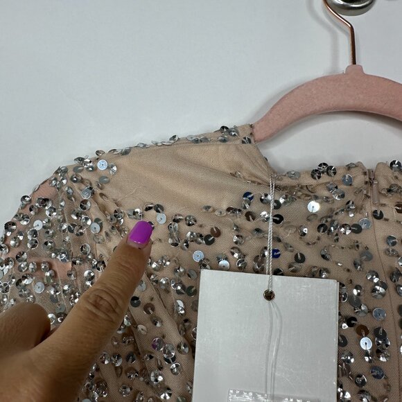 FLAW Mac Duggal Fully Sequined Ruffle Tiered 3/4 Sleeve Midi Dress Nude 8 #A0081 - Picture 7 of 11